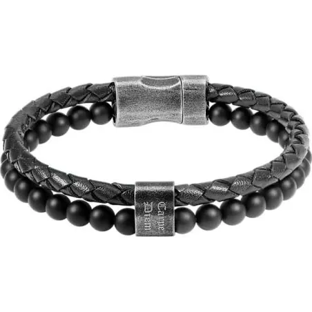 ROCHET - Bracelet Karma cuir tressé noir / agates noires 22cm HB562201