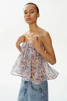 Top en mousseline avec détail à nouer - Violet ancien clair/fleuri — photo 3