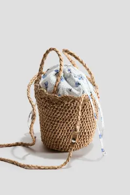 Sac seau en paille avec détail brodé - Beige foncé/fleuri — photo 2