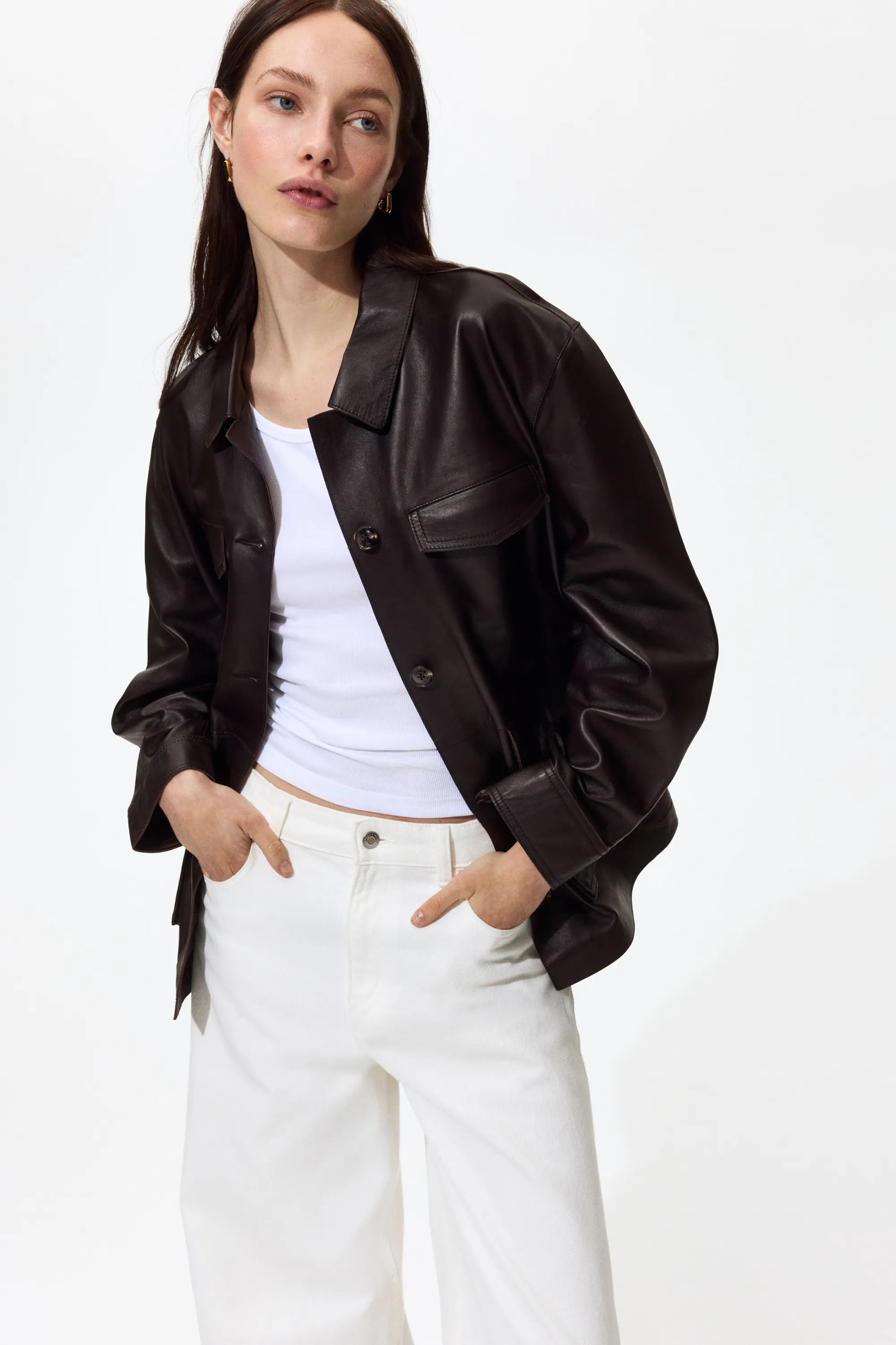 Veste en cuir - Marron foncé