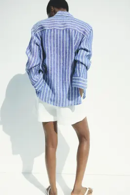 Chemise en lin - Bleu/rayé — photo 1