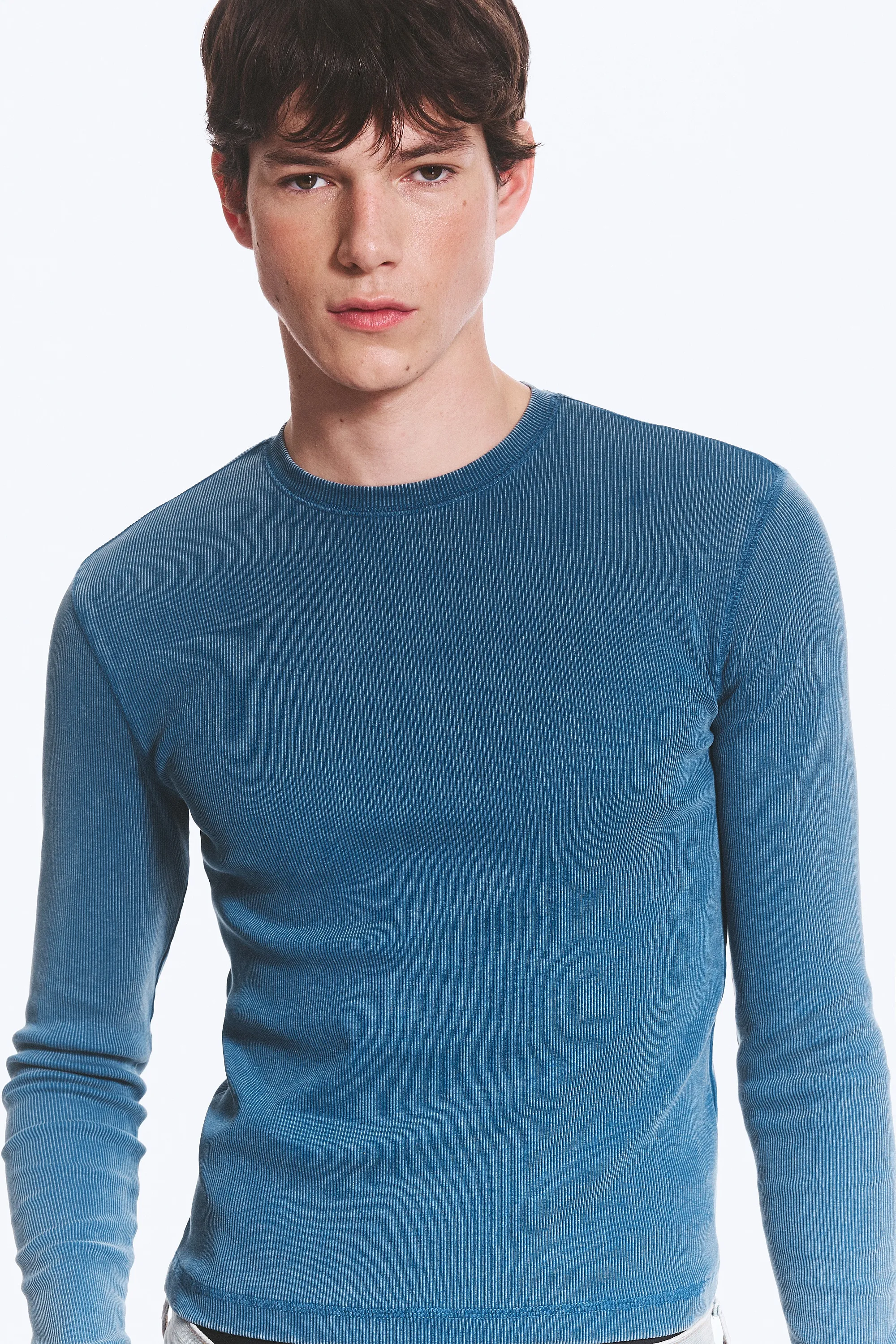 T-shirt côtelé à manches longues - Bleu foncé délavé