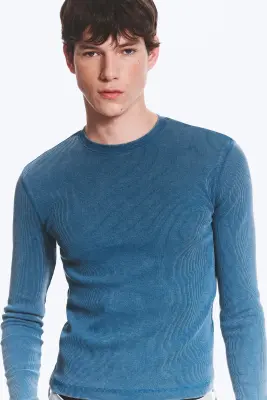 T-shirt côtelé à manches longues - Bleu foncé délavé — photo 1