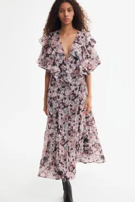 Robe plissée avec volants - Noir/fleuri — photo 1