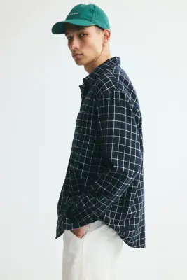 Chemise Relaxed Fit en flanelle - Bleu foncé/carreaux — photo 4