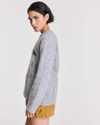 Pull Prune gris chiné et broderies ivy — photo 4