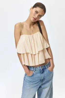 Chain-detail frill-trimmed top - Beige clair — photo 2