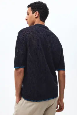 Chemise à col cubain Relaxed Fit en maille ajourée - Bleu marine/palmier — photo 3