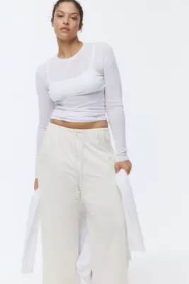 Pantalon en coton avec cordon de serrage - Crème — photo 2