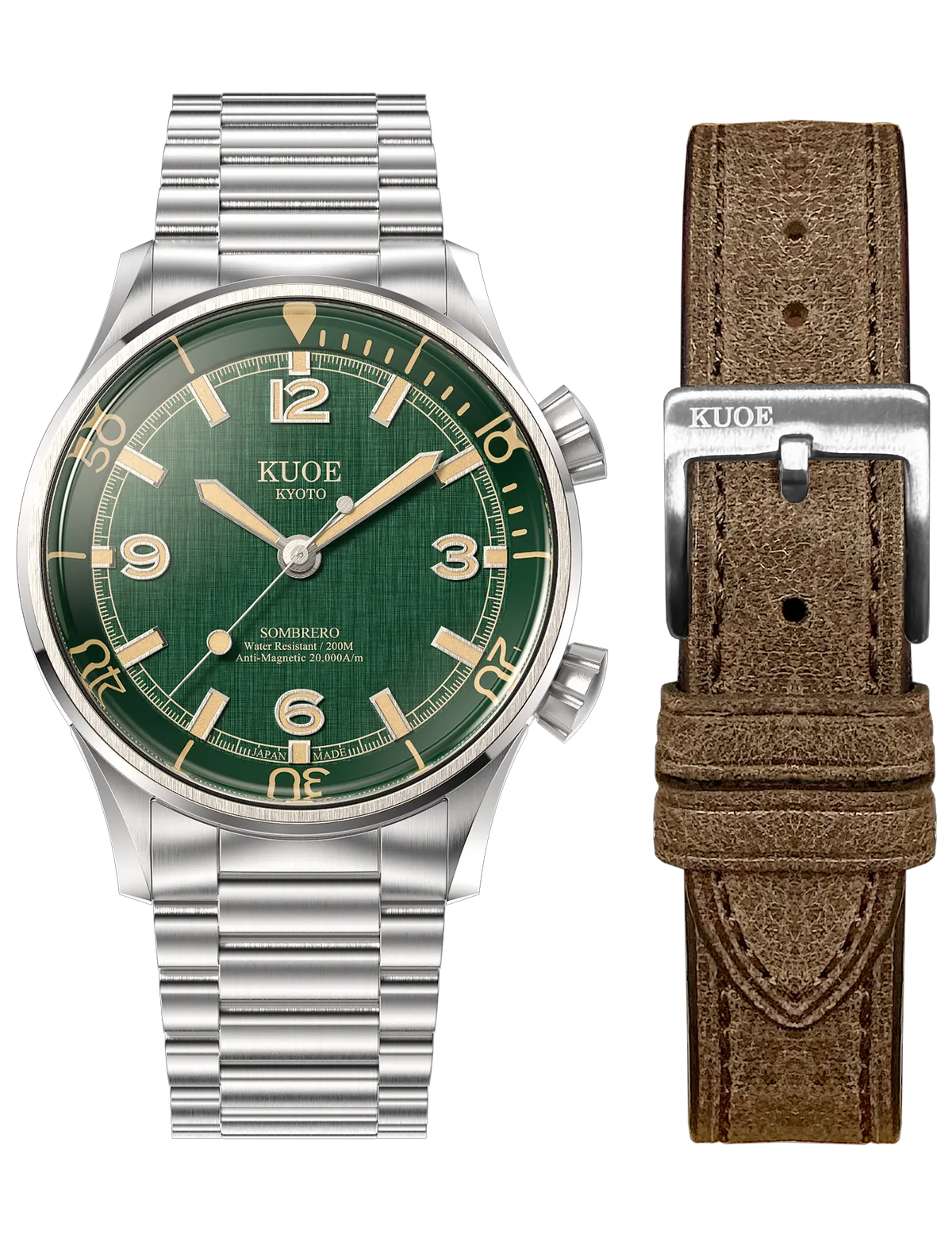 KUOE SOMBRERO 90-011 GREEN LINEN TEXTURED DIAL FLAT-LINK BRACELET