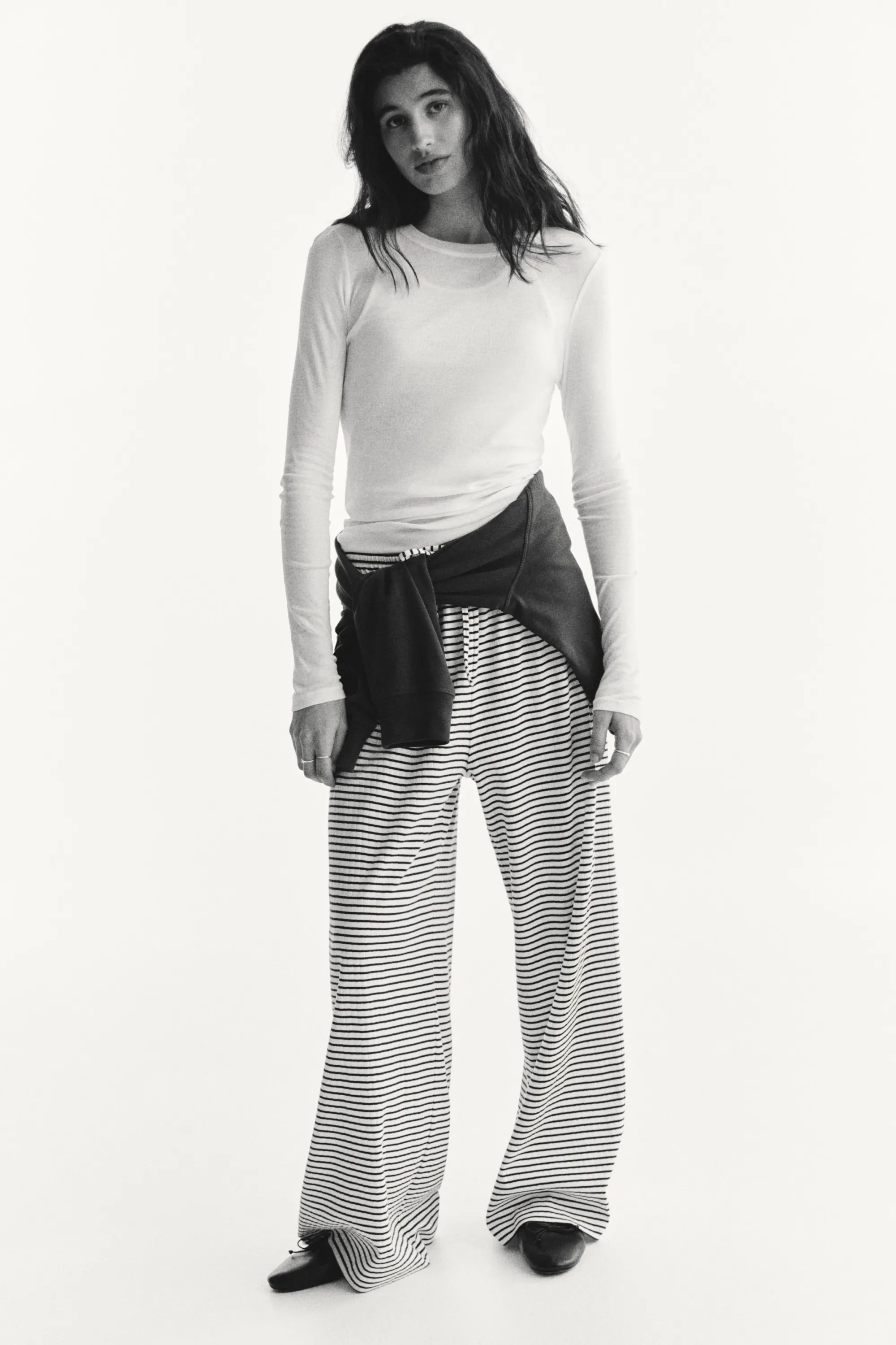 Pantalon côtelé avec cordon de serrage - Blanc/rayé