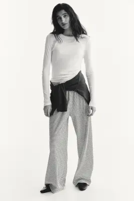 Pantalon côtelé avec cordon de serrage - Blanc/rayé — photo 1