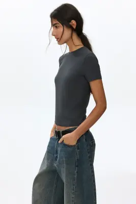 T-shirt côtelé en viscose - Gris foncé — photo 3