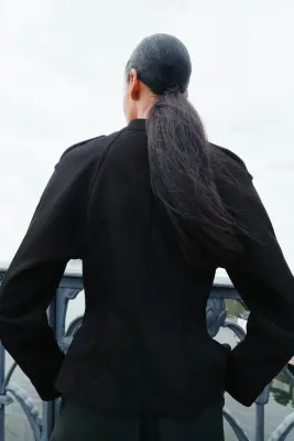 Veste en twill avec col sans rabat - Noir — photo 3