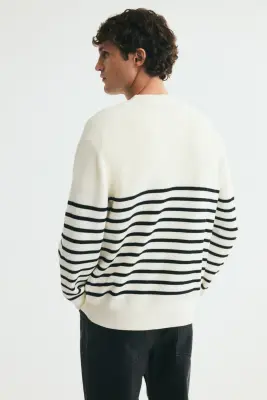 Pull Regular Fit en maille de coton côtelée - Beige clair/rayé — photo 3