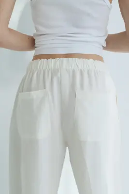 Pantalon en lin mélangé avec cordon de serrage - Blanc — photo 3