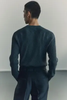 Pull Regular Fit en maille de coton côtelée - Gris foncé — photo 3