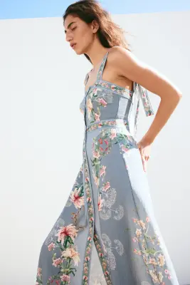 Robe en viscose mélangée avec bretelles à nouer - Bleu ancien/fleuri — photo 3