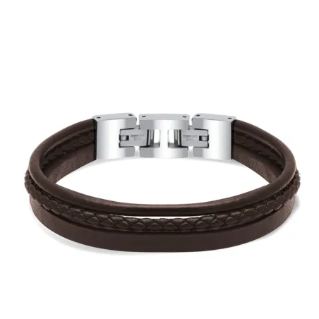ROCHET - Bracelet STANFORD Acier poli et cuir Marron 21cm HB7603A