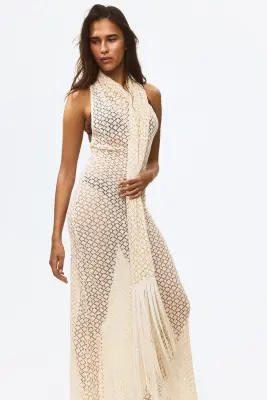 Robe façon crochet avec col écharpe - Beige clair — photo 2