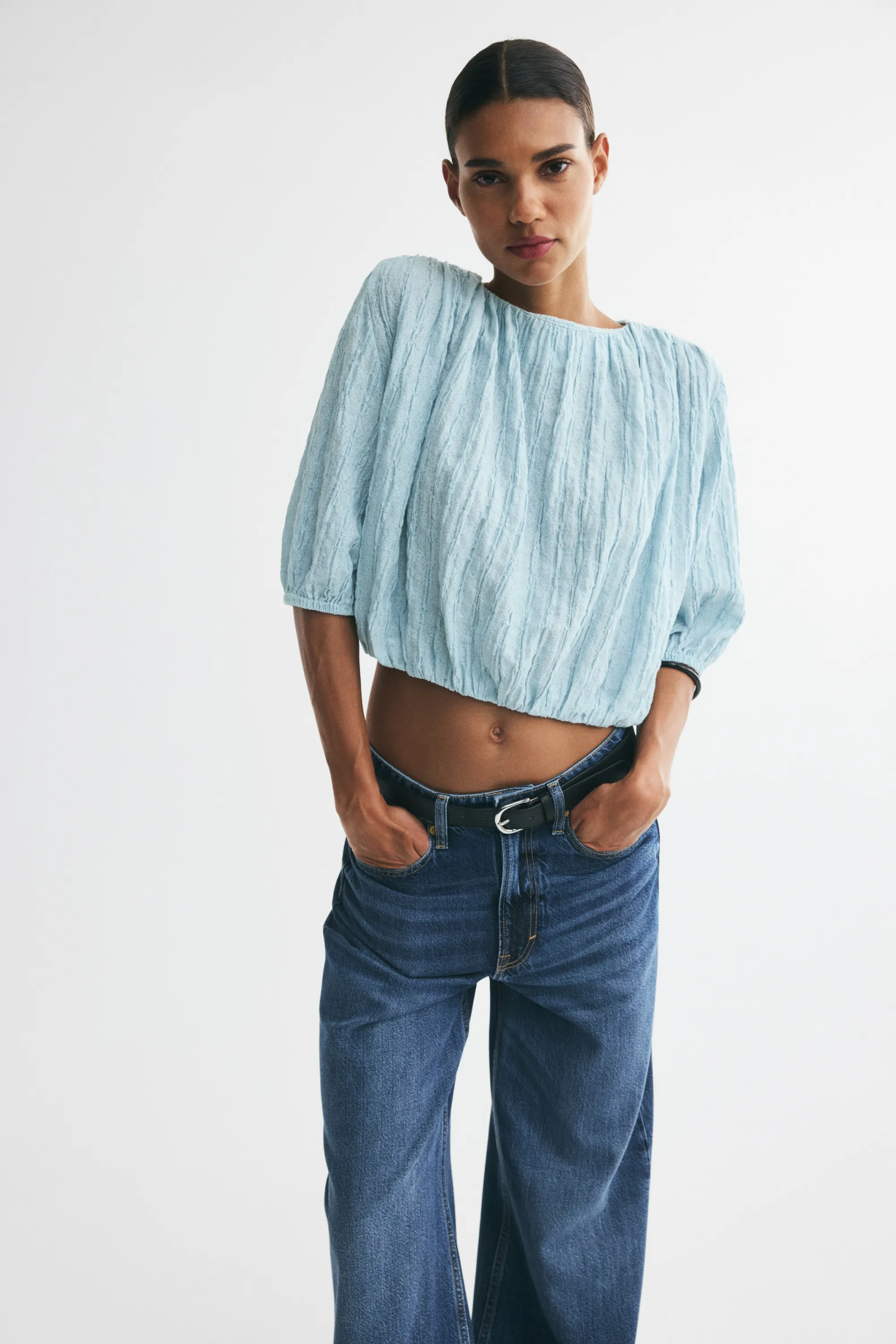 Blouse texturée avec base à effet boule - Turquoise clair