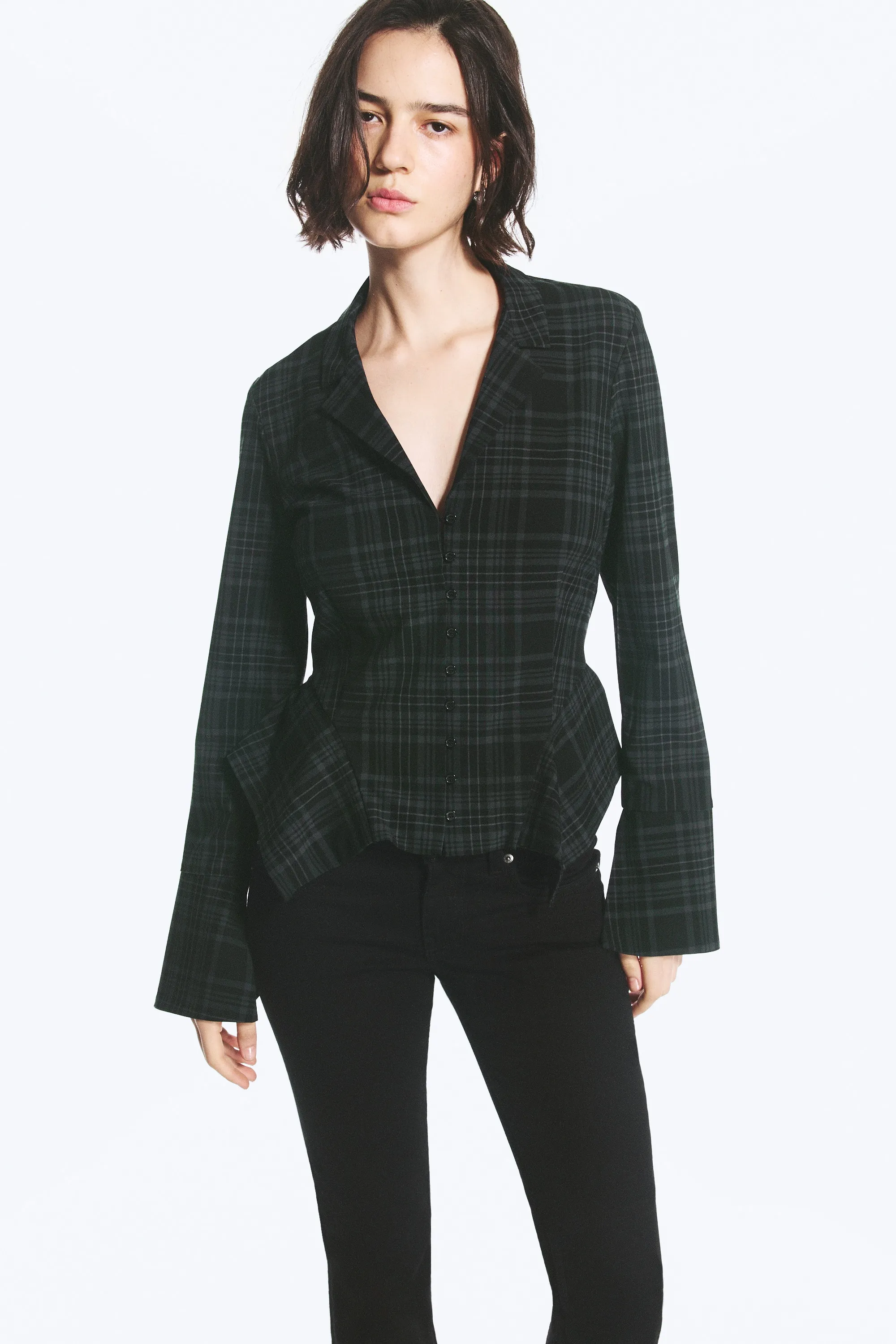 Chemise trapèze à manchettes longues - Noir à carreaux