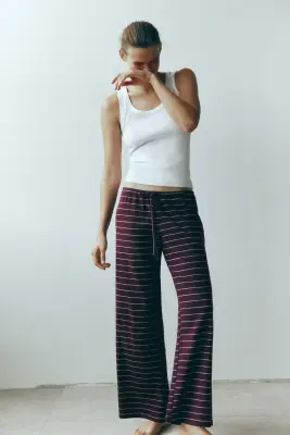Pantalon en coton mélangé - Rouge prune foncé/rayé — photo 1