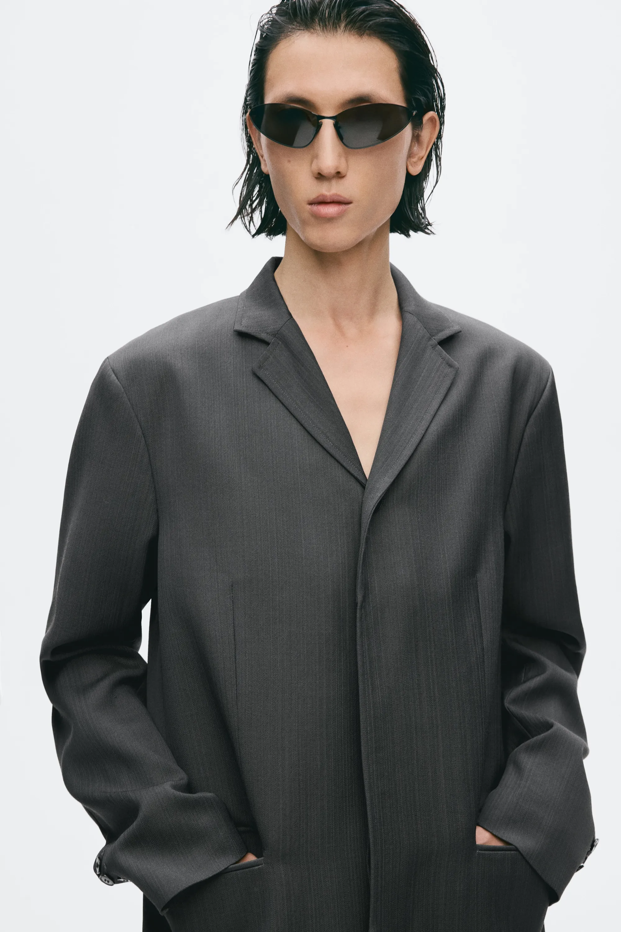 Veste droite Slim Fit en laine mélangée - Gris foncé
