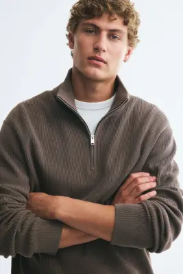 Pull Regular Fit avec col zippé - Taupe foncé — photo 1