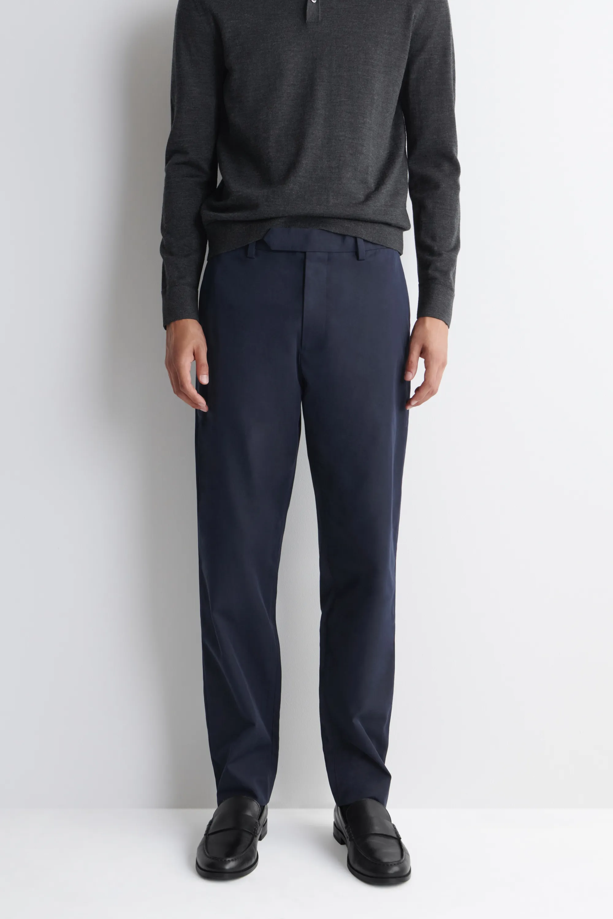 PANTALON DROIT SLIM EN MÉLANGE DE COTON - BLEU MARINE