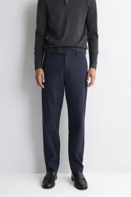 PANTALON DROIT SLIM EN MÉLANGE DE COTON - BLEU MARINE — photo 1