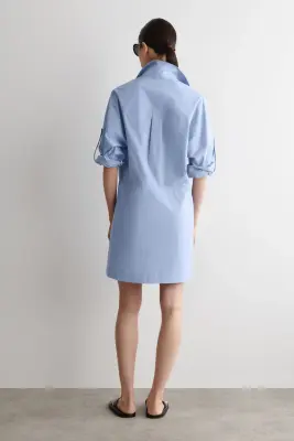 ROBE-CHEMISE MANCHES COURTES EN POPELINE DE COTON - BLEU — photo 3