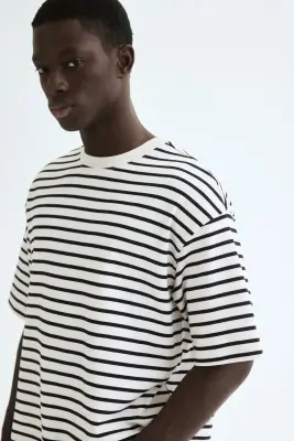 T-shirt en coton interlock Relaxed Fit - Crème/rayures noires — photo 4