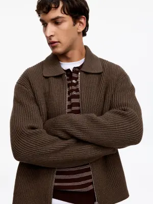Cardigan zippé en laine et coton - Taupe — photo 3