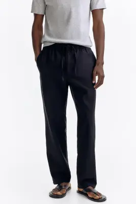 Pantalon Regular Fit en lin mélangé - Noir — photo 2
