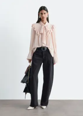 Blouse à volants avec foulard - Beige — photo 2