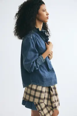 Blouse à volants ruchés - Bleu denim — photo 2