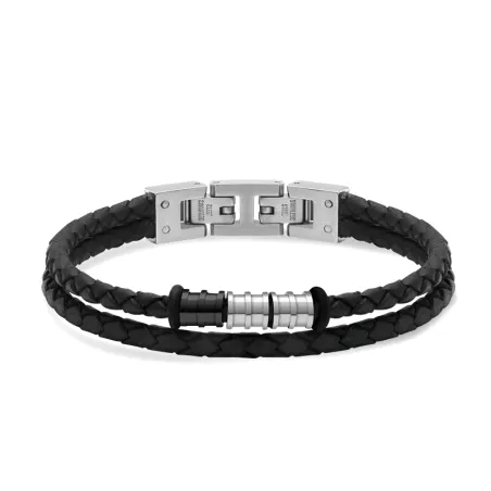 ROCHET - Bracelet GENTLEMAN Cuir tressé Noir et perles Acier 8mm x 21cm HB8001A