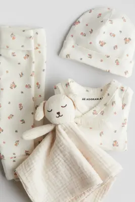 Coffret-cadeau 4 pièces en coton - Crème/fleuri — photo 3