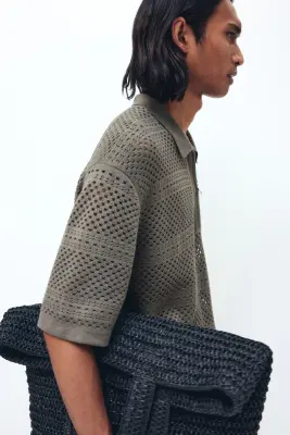 Polo Relaxed fit en maille ajourée - Taupe foncé — photo 3