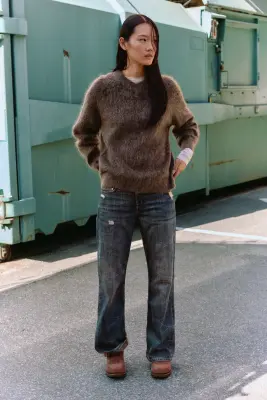 Pull col en V en maille mélangée de mohair - Taupe foncé — photo 4