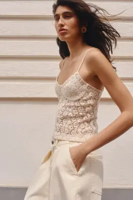 Top façon crochet avec bretelles fines - Beige clair — photo 2