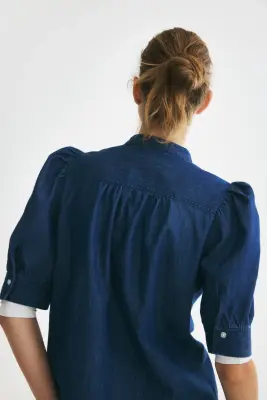 Blouse à manches bouffantes - Bleu denim foncé — photo 3