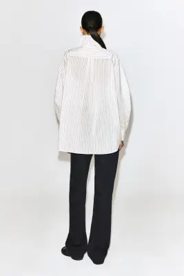 CHEMISE RAYÉE À COL MONTANT EN COTON ET SOIE - IVOIRE / BRUN / RAYURES — photo 5