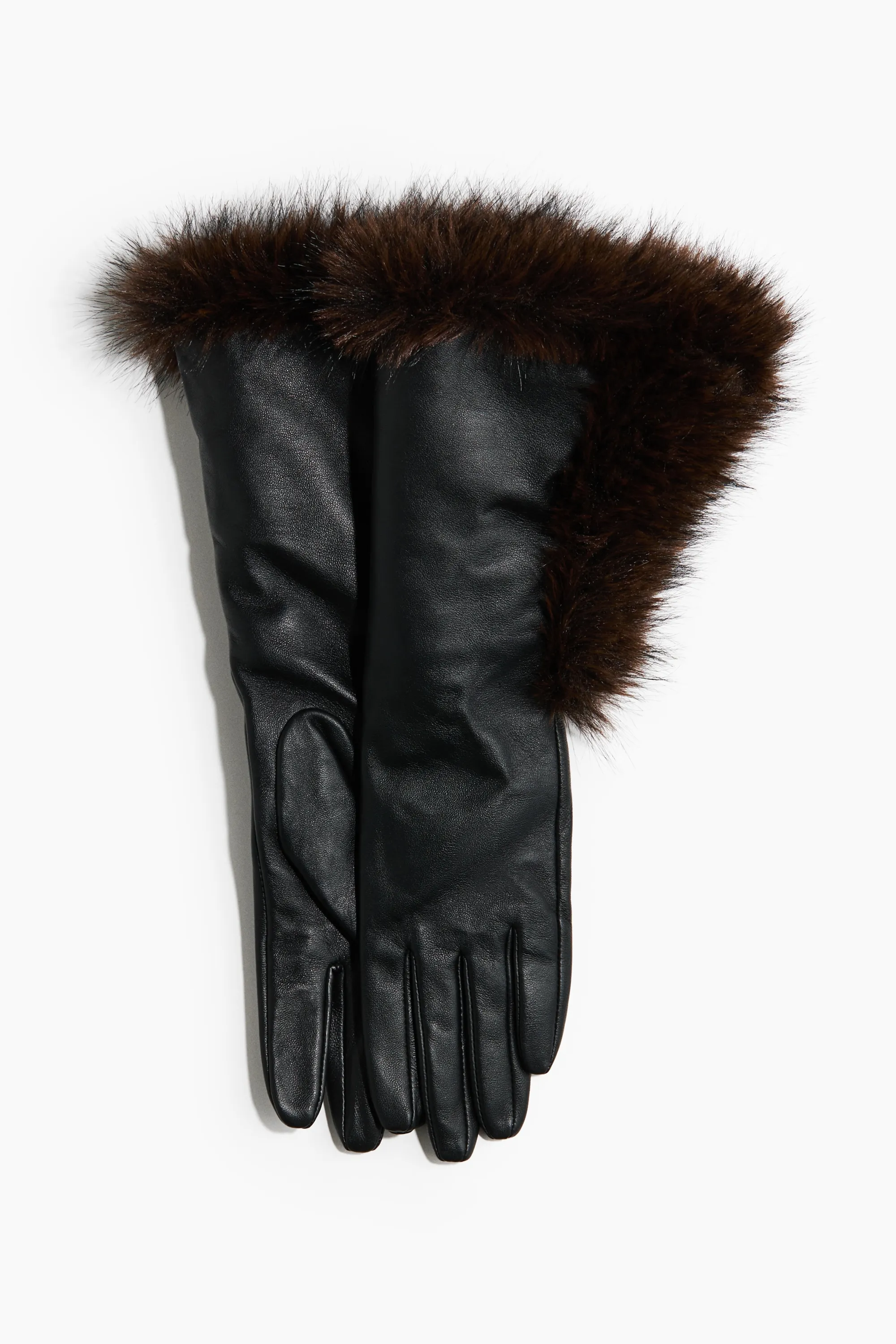 Gants en cuir avec bords duveteux - Noir