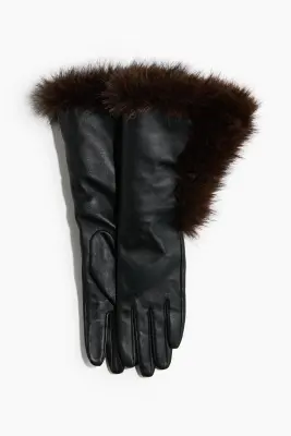 Gants en cuir avec bords duveteux - Noir — photo 1