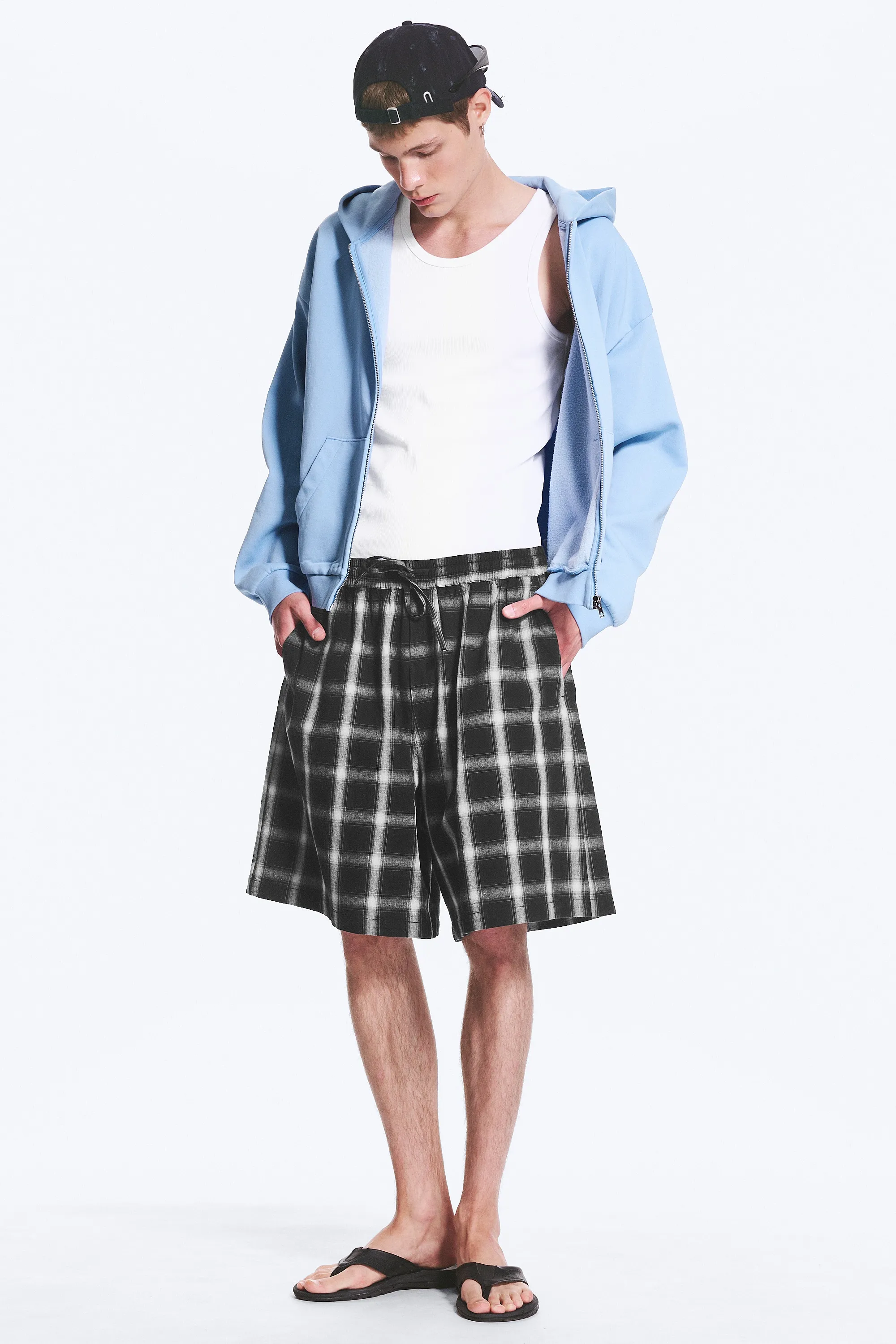Sweat à capuche zippé ample - Bleu clair délavé