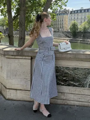 Robe PETRA longue vichy noire et blanche ceinturée Prix boutique 970€ Taille 36 — photo 2
