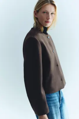 Scarf-collar twill jacket - Marron foncé — photo 5