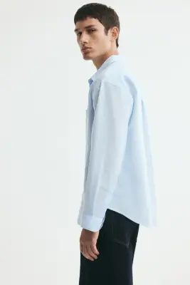 Chemise Relaxed Fit en lin mélangé - Bleu clair — photo 4